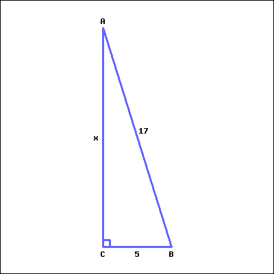 This is a right triangle. Right angle C is at the bottom left corner of the picture. Acute angle A is at the top left, and acute angle B is at the bottom right. The length of the side facing Angle A is 5; the length of the side facing Angle B is x (unknown); the length of the side facing Angle C is 17.