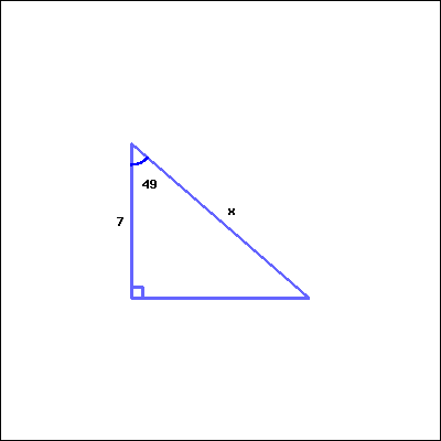 This is a right triangle. The right angle is at the bottom left corner of the picture. At the top left, the acute angle measures 49 degrees. The length of the side adjacent to the given acute angle is marked as 7; the length of the side opposite to the right angle is marked as x (unknown).