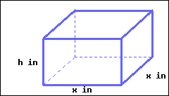 There is a rectangular prism. Its base is a square with its side length marked as x in. The height of the prism is marked as h in.