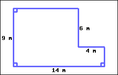 The picture shows a rectangle with a rectangular piece missing at its top right corner. Starting the bottom left corner, a vertical side with the length 9 m goes up; it turns right for an unknown length, and then goes down for 6 m; it turns right for 4 m, and then goes down for an unknown length; finally, it turns left for 14 m and reaches the starting point at the bottom left corner.