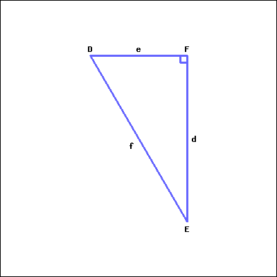 This is a right triangle. Right angle F is at the top right corner of the picture. Acute angle D is at the top left, and acute angle E is at the bottom right. Angle D faces side d; Angle E faces side e; Angle F faces side f.