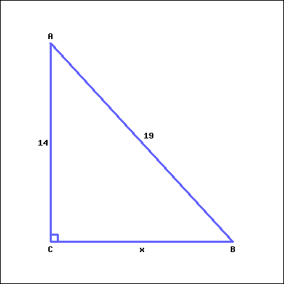 This is a right triangle. Right angle C is at the bottom left corner of the picture. Acute angle A is at the top left, and acute angle B is at the bottom right. The length of the side facing Angle A is x (unknown); the length of the side facing Angle B is 14; the length of the side facing Angle C is 19.
