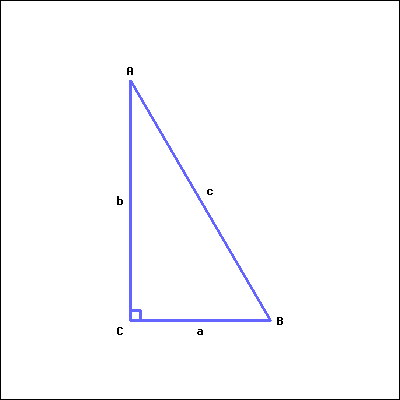 This is a right triangle. Right angle C is at the bottom left corner of the picture. Acute angle A is at the top left, and acute angle B is at the bottom right. Angle A faces side a; Angle B faces side b; Angle C faces side c.