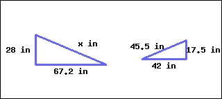 There are two triangles. The one on the right is smaller, and the one on the left is larger. Both triangles have unequal sides. For the smaller triangle, its shortest side is marked as 17.5 in, its second shortest side is marked as 42 in, and its longest side is marked as 45.5 in. For the bigger triangle, its shortest side is marked as 28 in, its second shortest side is marked as 67.2 in, and its longest side is marked as x in.