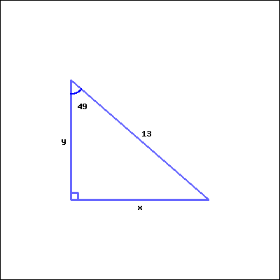 This is a right triangle. The right angle is at the bottom left corner of the picture. At the top left, the acute angle measures 49 degrees. The length of the side opposite to the given acute angle is marked as x (unknown); the length of the side adjacent to the given acute angle is marked as y (unknown); the length of the side opposite to the right angle is marked as 13.