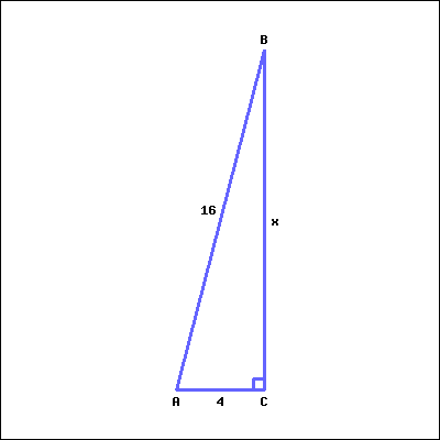 This is a right triangle. Right angle C is at the bottom right corner of the picture. Acute angle A is at the bottom left, and acute angle B is at the top right. The length of the side facing Angle A is x (unknown); the length of the side facing Angle B is 4; the length of the side facing Angle C is 16.