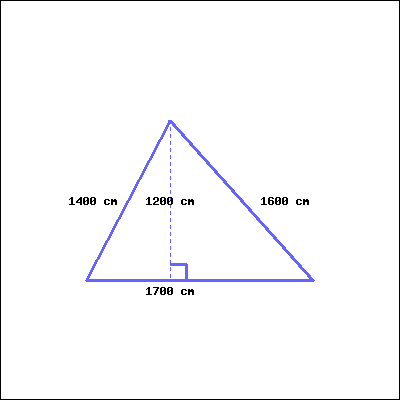 a triangle with one side parallel to the ground; this side is 1700 cm long; the left side is 1400 cm long; the right side is 1600 cm long; the height is 1200 cm