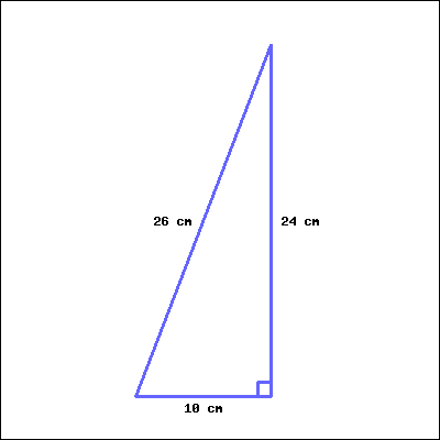 a right triangle with legs of lengths 10 cm and 24 cm, and hypotenuse of length 26 cm