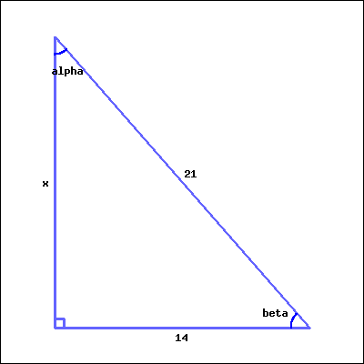 This is a right triangle. The right angle is at the bottom left corner of the picture. Acute angle alpha is at the top left, and acute angle beta is at the bottom right. The length of the side facing angle alpha is 14; the length of the side facing angle beta is x (unknown); the length of the side facing the right angle is 21.