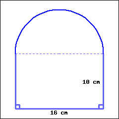 The graph shows a shape with a rectangle at the bottom and a semicircle on top of it. The diameter of the semicircle overlaps the top base of the rectangle. For the rectangle, its base is 16 cm, and its height is 10 cm.
