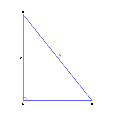 This is a right triangle. Right angle C is at the bottom left corner of the picture. Acute angle A is at the top left, and acute angle B is at the bottom right. The length of the side facing Angle A is 9; the length of the side facing Angle B is 12; the length of the side facing Angle C is x (unknown).