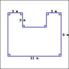 The graph shows a rectangle with one rectangular piece missing. Starting at the bottom left corner, a vertical segment travels up for a distance, turns right and travels for 3 m, goes down for 3 m, turns right for a distance, goes up for a distance, turns right and travels for 3 m, goes down for 9 m, and finally turns left for 11 m.