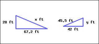 There are two triangles. The one on the right is smaller, and the one on the left is larger. Both triangles have unequal sides. For the smaller triangle, its shortest side is marked as 17.5 ft, its second shortest side is marked as 42 ft, and its longest side is marked as x ft. For the bigger triangle, its shortest side is marked as y ft, its second shortest side is marked as 67.2 ft, and its longest side is marked as 45.5 ft.
