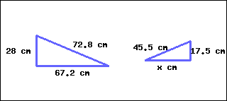 There are two triangles. The one on the right is smaller, and the one on the left is larger. Both triangles have unequal sides. For the smaller triangle, its shortest side is marked as 17.5 cm, its second shortest side is marked as x cm, and its longest side is marked as 72.8 cm. For the bigger triangle, its shortest side is marked as 28 cm, its second shortest side is marked as 67.2 cm, and its longest side is marked as 45.5 cm.
