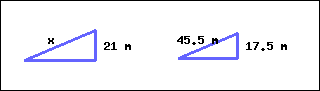 There are two triangles. The one on the right is smaller, and the one on the left is larger. For the bigger triangle, its longest side is marked as x, and its right side is marked as 21 m. For the smaller triangle, its longest side is marked as 45.5 m, and its right side is marked as 17.5 m.