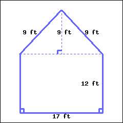 The graph shows a polygon with a rectangle at the bottom and a triangle on top of it. The base of the triangle overlaps the top base of the rectangle. For the rectangle, its base is 17 ft, and its height is 12 ft. For the triangle, its height is 9 ft, both its left side and right side are 9 ft.
