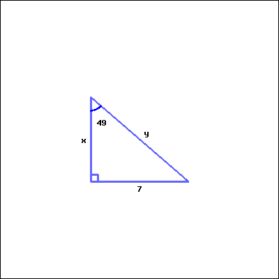 This is a right triangle. The right angle is at the bottom left corner of the picture. At the top left, the acute angle measures 49 degrees. The length of the side opposite to the given acute angle is marked as 7; the length of the side adjacent to the given acute angle is marked as x (unknown); the length of the side opposite to the right angle is marked as y (unknown).
