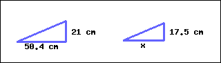 There are two triangles. The one on the right is smaller, and the one on the left is larger. For the bigger triangle, its base is marked as 50.4 cm, and its right side is marked as 21 cm. For the smaller triangle, its base is marked as x, and its right side is marked as 17.5 cm.